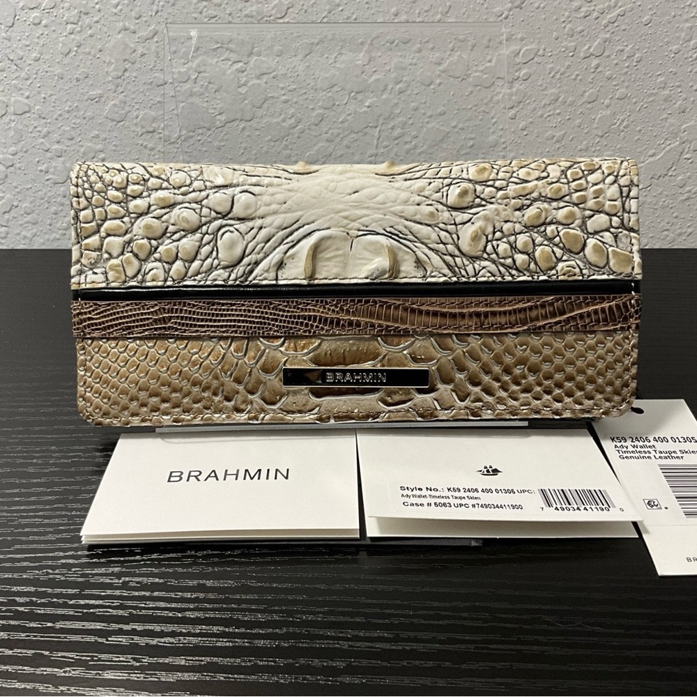 Brahmin Ady TIMELESS TAUPE SKIEN Mixed Leather Slim Wallet HTF